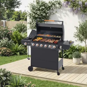 6 Burner BBQ Propane Gas Grill With Side Burner 72000 BTU Output Stainless Steel Barbecue Grill With Cast Iron Grates And Side Tables For Outdoor (Option: Defaulttitle)